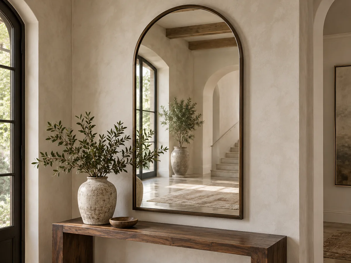 Arched mirror styled with home accents